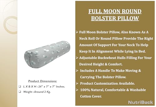 Image of Buckwheat Hulls Round Bolster Pillow | Reduced Stress on Spine, Neck Pain | & Effective Support for Side and Back Sleepers | (Moonlight Mist)