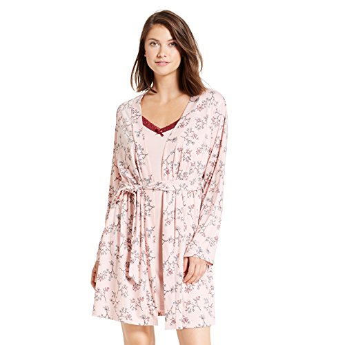 kathy ireland Womens Floral Print Long Sleeve Belted Robe Nightgown Pajama Set Rose Smoke Medium