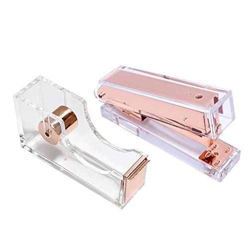 Rose Gold Acrylic Clear Stapler Tape Dispenser Set Acrylic Rose Gold Desktop Stapler with Tape Cutter Holder Set for Office Desk Supplies