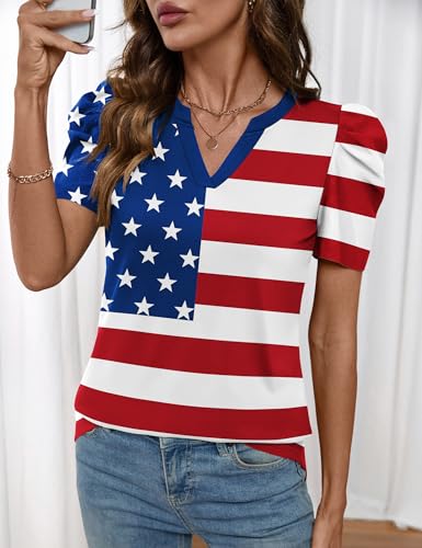 Image of LOMON Spring Summer Tops for Women 2026 V Neck Puff Short Sleeve Tops Fashion Trendy Work Blouses Dressy Casual S-XXL