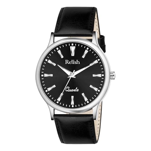 Image of Relish Watch for Men & Boys with Grey & Black PU Leather Strap, Quartz Analog Wrist Watch