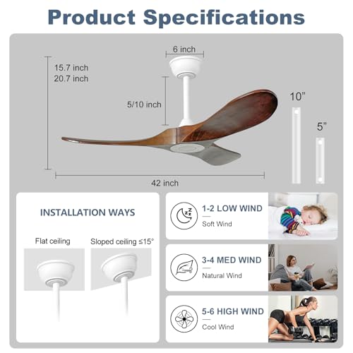 Image of 42'' Outdoor Ceiling Fan no Light,Solid Wood Ceiling Fan with Remote Control,Quiet and Reversible DC Motor with Large Airflow for Living Room,Patios,Gazebo (White+Dark Walnut)