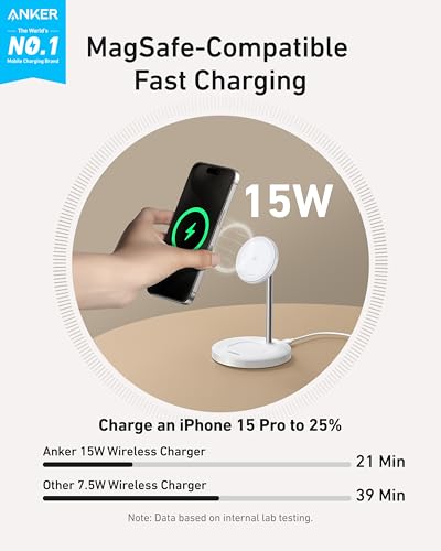 Image of Anker MagGo 2-in-1 MagSafe Compatible Qi2 15W Wireless Charging Stand | Qi2 Certified, Fast Charging, Wireless Charger for iPhone 17, AirPods Pro, and More (White, 40W Adapter Included)