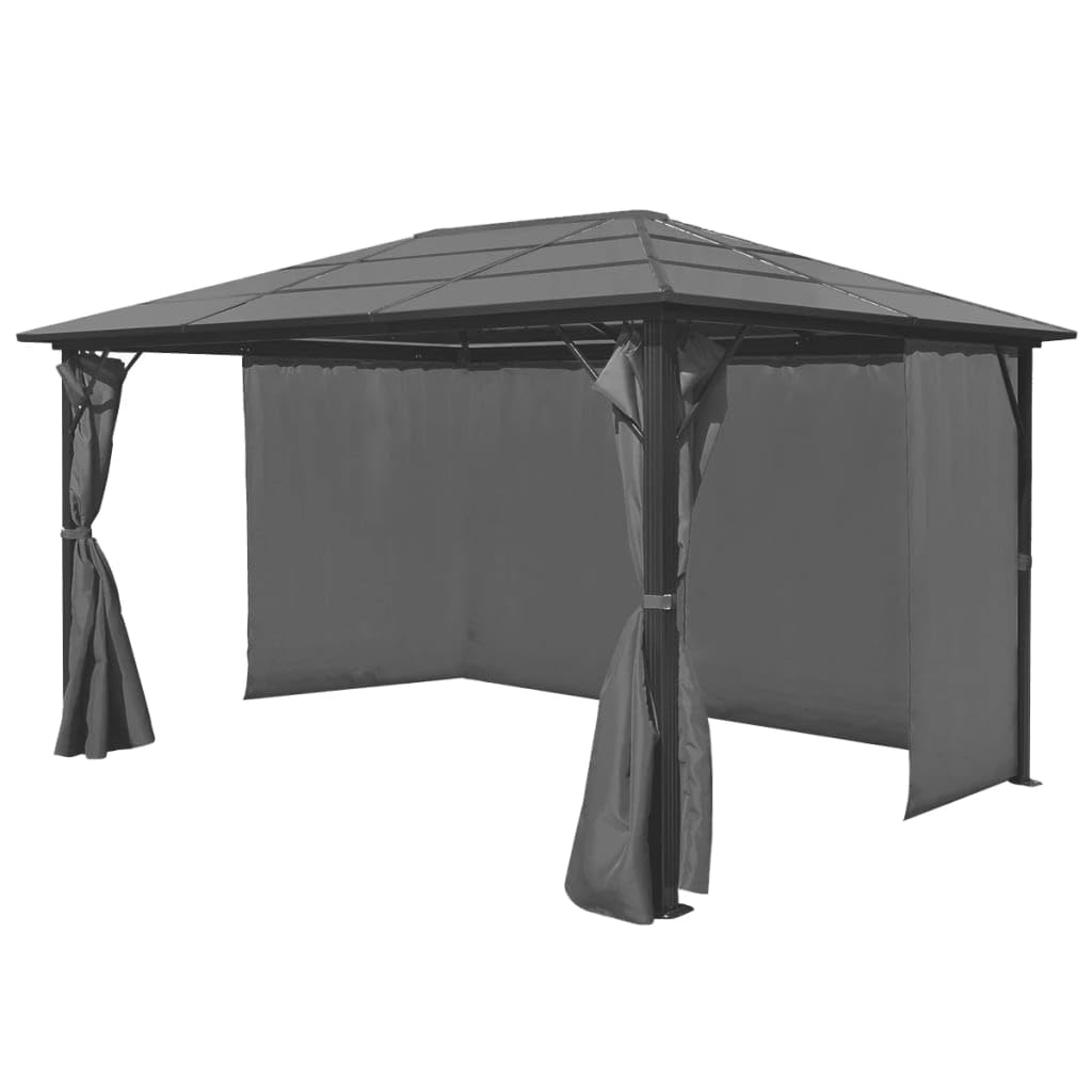 Antracytowy pawilon ogrodowy 400 x 300 cm z zasłonami, aluminiowy domek na taras, odporny na promieniowanie UV 6 mm dach PC, 4 ściany boczne z zamkiem błyskawicznym