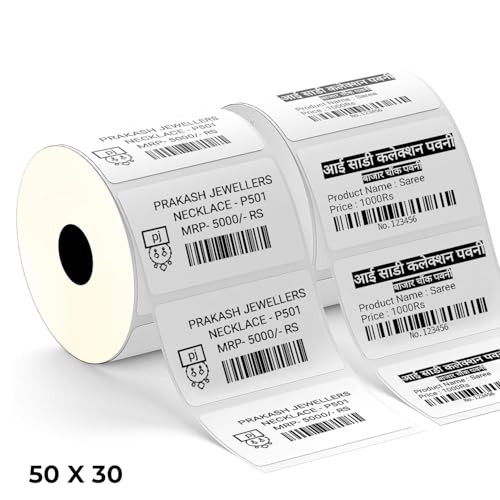 Image of Shreyans Direct Thermal Labels (Pack of 10, 50mm x 30mm - 500 Labels /Roll) - Non Tearable, Water Proof & Non Fade with Permanent Marking