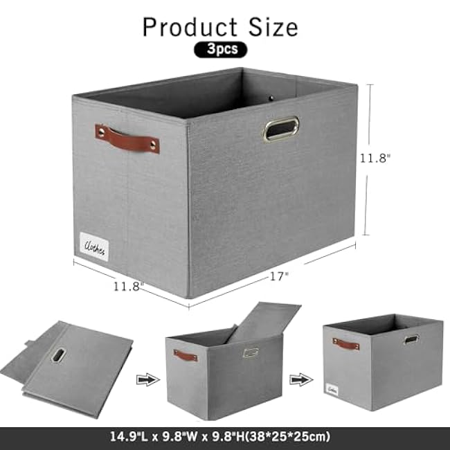 Linen Fabric Foldable Storage Bin 3 Pack 16.7x12x12¡± + Large Fabric Storage Bins with 3 Handles 17x11.8x11.8, Full Gray