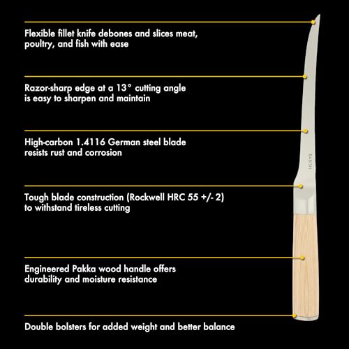 Image of Babish 1.4116 German Stainless Steel Boning & Fillet Knife with Light Pakka Wood Handle - 6-Inch Full-Tang Flexible Kitchen Knife for Meat, Poultry, Fish & Precision Butchering
