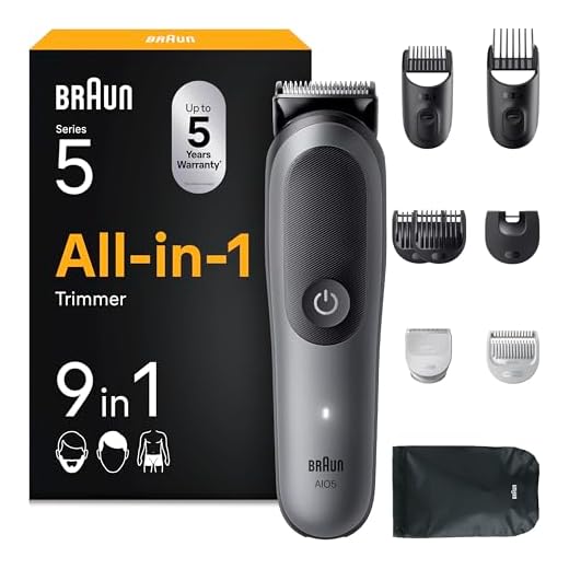 Braun All-in-One Trimmer-Set 5, 9-in-1 Multigroom, Barttrimmer, Haarschneider, Haarschneidemaschine für Gesicht, Kopf und Körper, 120 Min Akku, 14 Längen (0.5–21 mm), Wasserdicht, AIO5545, Grau