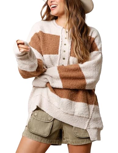 Womens Oversized Striped Sweater Long Sleeve Color Block Half Buttoned Collar Knit Pullover Tops