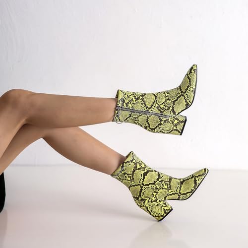 SHEMEE Women's Snakeskin Chunky High Heels Booties Pointed Toe Block Heel Snake Print Side Zipper Ankle Boots Fashion Dress Shoes3