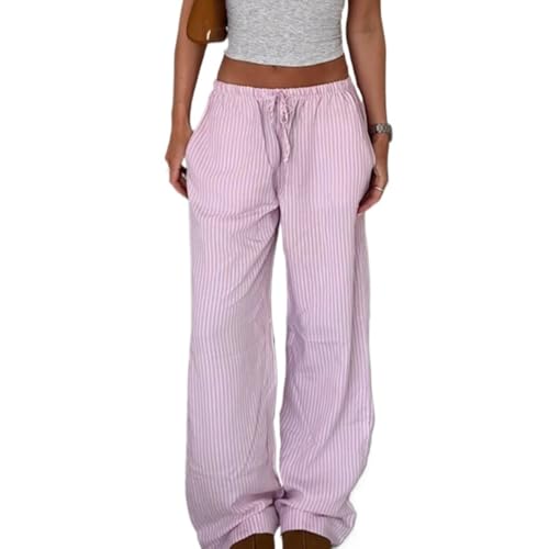 Women Drawstring Striped Wide Leg Pants Casual Elastic Waist Striped Pants Low Waisted Pants Lounge Pants with Pockets