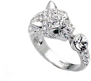 18k Gold Plated Leopard Cheetah with Emerald Eyes and Clear Swarovski Cubic Zirconia Crystal Ring (White Gold, 8)