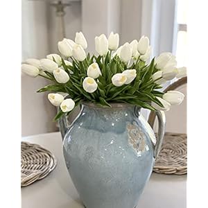 Beferr White Tulips Artificial Flowers 18Pcs Faux Silk Tulip Real Touch Tulip Fake Flowers Bouquets Arrangements for Easter Spring Flowers Valentines Day Mothers Day Flower Gifts Home Table Decor