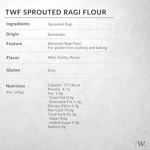 Image of TWF Sprouted Ragi Flour | Naturally Solar Dried | Sprouted Finger Millet Flour | Nachni Atta | High Protein | No Additives or Preservatives (500g)