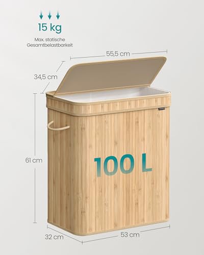 SONGMICS Wäschekorb mit Deckel, Wäschesammler Bambus, Wäschesack herausnehmbar und maschinenwaschbar, mit Griffen, 100 Liter, für Waschküche, Schlafzimmer, Wohnzimmer, naturbeige LCB063N01