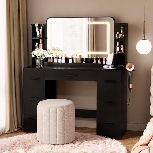 Image of Furmax Vanity Desk with Mirror with LED Light Strip, Makeup Vanity with 2 AC Outlets and1 USB&1 Type-C Port, 3 Modes Adjustable Lighting Mirror, Modern Ample Storage Drawers Dressing Table, Black