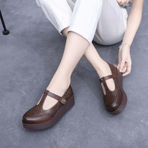 Women's Genuine Leather T-Strap Platform Mary Janes Retro Round Toe Comfortable Wedge Pumps with Adjustable Hook and Loop Classic Business Casual Dress Shoes4