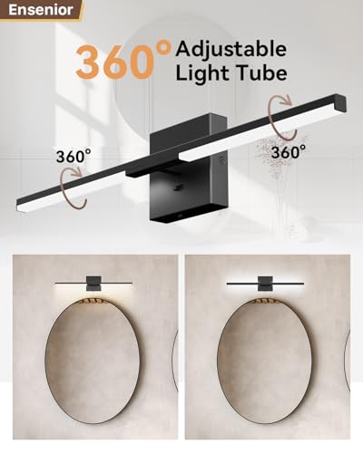 Ensenior Modern Bathroom Vanity Light 24 inch, Built-in Dimmer, 14W Dimmable 5CCT Led Bath Lights, Black Bar Vanity Light for Bathroom Mirror Cabinets Bedroom-FCC Certificated