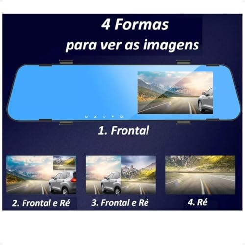 Kit Retrovisor Veicular com Tela, Câmera Frontal e Câmera de Ré 1080p Full HD, Gravador de 32GB, Alt