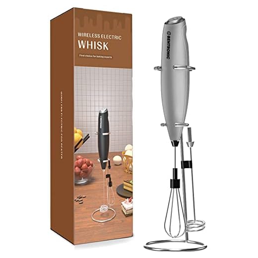 Double whisk Milk Frother Handheld electric mixer, Egg Beater, Foam Maker for Coffee, Latte, and Cappuccino, matcha whisk Drink Mixer, kitchen gadgets, with stand. BENTRONIC (silver)