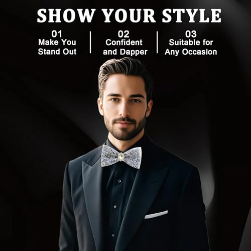 Image of Mens Rhinestone Bow Tie Pre-Tied Bow Ties for Men Adjustable Sparkle Sequin Bowtie Party Wedding