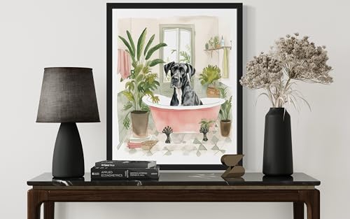 Image of Great Dane in Bathtub Black Framed Wall Art Poster Print, Animal Bathtub Restroom Wall Art Painting for Bathroom Decor Gallery Gallery 30 (Great Dane in Bathtub, 10 inch L x 8 inch W, Black Frame)