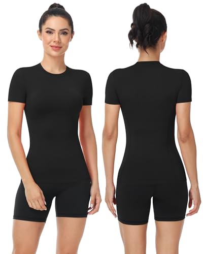 Women's Compression Shirt Short Sleeve Workout Tops Athletic T-Shirts Base Layer for Gym Running Yoga Sports2