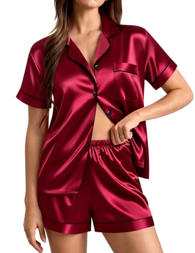 Image of SWOMOG Womens Silk Satin Pajamas Set Short Sleeve Sleepwear Button Down Top and Shorts Loungewear 2 Piece Pjs Set XS-3XL
