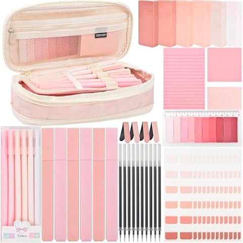 Aesthetic School Supplies with Pencil Pouch - 47Pcs Cute College Essentials Set, Big Capacity Pen Case, Pastel Highlighters, Bible Study Journaling Stationary Kit (Pink) Cover
