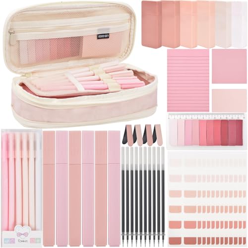 ChezAbbey 47Pcs Aesthetic School Supplies with Pencil Pouch - Cute College Essentials Set, Big Capacity Pen Case, Pastel Highlighters, Bible Study Journaling Stationary Kit (Pink)