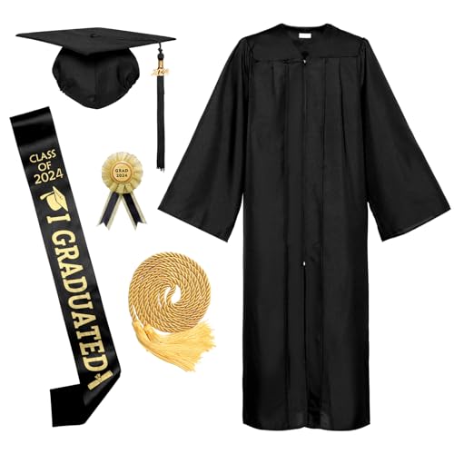 Alaiyaky Abschluss Talar 2024 mit Doktorhut, Akademischer Graduation Robe mit Abschluss Hut Schärpe Quaste Ehrenschnur Anstecker, Talar für Hochschule Bachelor Master (2024 Set B, H54 (179-186CM))