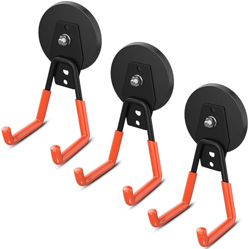 Image of AIYOTAR 3 Pack Heavy Duty Storage Magnetic Utility Hooks, Ndfeb Strong Large Garage Magnet Hooks, Extra Big Magnetic Hook, Industrial Magnet Holder for Hanging Power Drill Broom Garden Tools Pegboard