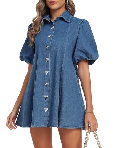 Denim Dress for Women, Puff Short Sleeve Jean Dress Mini Denim Romper with Pockets