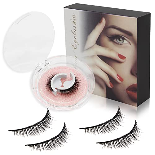 Reusable Self Adhesive Eyelashes No Glue - EMALLA 2 Pairs Fluffy False Eyelashes Wispy Self-Adhesive Eyelashes Long False Eyelashes Soft Reusable Lashes No Glue for Girls and Women