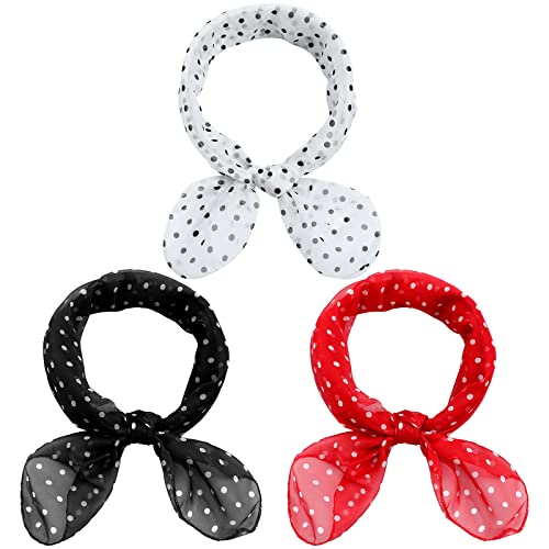 Kathfly 3 Pieces 1950s Polka Dot Scarf for Women Chiffon Scarf Retro Dot Square Neck Head Scarfs Vintage Sheer Hair Scarf Halloween Red Black White Bandana Polka Neck Scarf for Woman Girl Gifts
