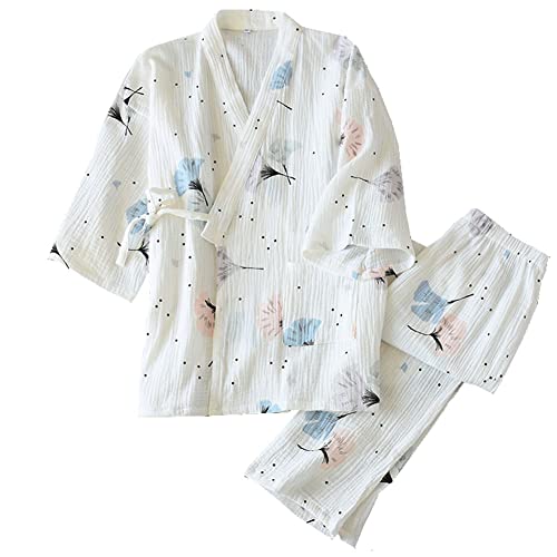 OWLONLINE Weicher Reiner Pyjama aus Baumwollkrepp für Damen, japanischer Kimono-Pyjama, Größe L-C1