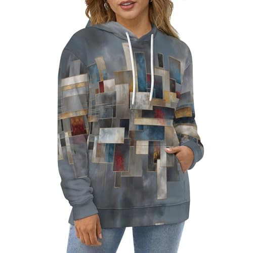 Sweat à capuche gris imprimé 3D géométrique unisexe grande taille - 2