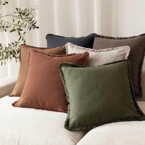 Image of Foindtower Decorative Linen Fringe Throw Pillow Covers Boho Farmhouse Cushion Cover with Tassels Soft Accent Pillowcase for Chair Sofa Bed Living Room Home Decor, 16x16 Inch, 1PC,Fall Rust Orange