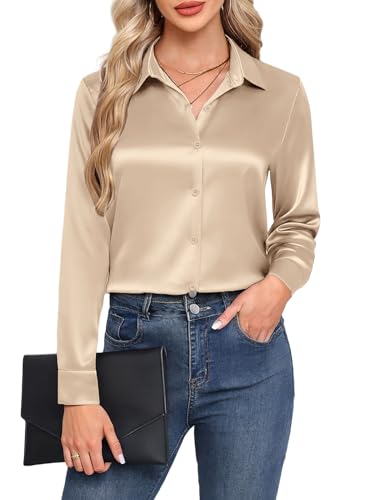 HOTOUCH Silk Tops for Women V Neck Casual Satin Button Down Fashion 2025 Shirt Business Work Professional Tops Khaki M