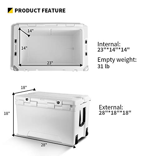 Echosmile 75 Quart Rotomolded Cooler With Wheels, 5 Days Ice Cooler, Portable White Ice Chest,120-Can Capacity, Built-In Bottle Opener, Bottle Holder, Fish Ruler, For Camping, Picnic, Outdoor Fishing #TOP5