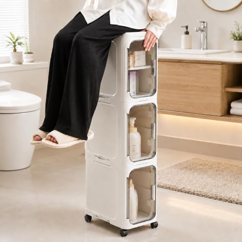 Image of KRISHYAM 3 Door Slim Storage Cabinet with Wheels, Multipurpose Plastic Organizer with Transparent Doors, Removable Shelves, Magnetic Closure & Top Tray for Bathroom, Bedroom, Kitchen, White