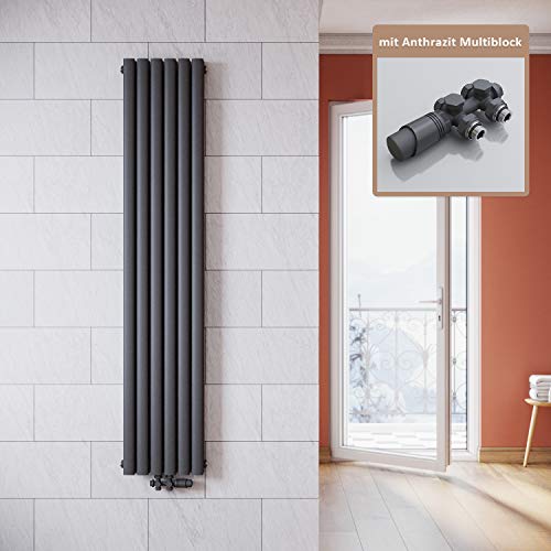 ELEGANT Radiador de diseño antracita, 1800 x 354 mm, con multibloque, color antracita, termostato vertical, doble capa, radiador tubular, radiador de baño con conexión central