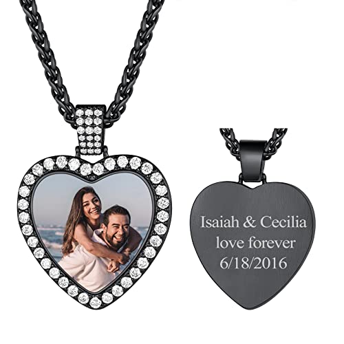 FindChic Customized Heart Photo Necklace Plain/Bling CZ/Rose/Angel Wings/Rotatable 2-Side Picture Pendant Stainless Steel/Gold Plated/Black Valentine's Jewelry Gift for Women Mom Girlfriend