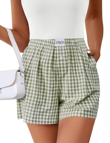 Image of LOMON Boxer Shorts for Women Summer Gingham Pajamas 2026 Lounge Sleep Pj Plaid Shorts Y2K Beach Bottoms with Pockets