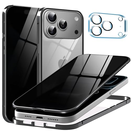 Metal Titanium Privacy Case for iPhone 17 Pro, Built-in Privacy Screen Protector & Camera Lens Protector, Magnetic Adsorption Double Sided Tempered Glass Anti Peep Anti Spy Phone Cover for Men Women