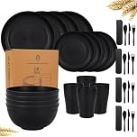 VIRAHYEM 32 Pieces Plastic Dinnerware Set, Unbreakable Tableware Sets, Plastic Plates and Bowls Set, Microwave & Dishwasher Safe, Reusable Tableware for Camping, Picnics and Everyday Use (Black)