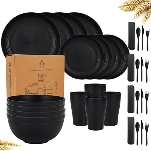 VIRAHYEM 32 Pieces Plastic Dinnerware Set, Unbreakable Tableware Sets, Plastic Plates and Bowls Set, Microwave & Dishwasher Safe, Reusable Tableware for Camping, Picnics and Everyday Use (Black)