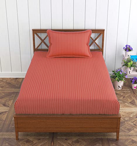 Image of Trance Home Linen 100% Cotton 72x36 inch Single Fitted 200TC Satin Stripe Elastic Fitted Bedsheet | Single Bed Size Daily use Fitted Bedspread with 1 Pillow Covers (72 inchx36 inch | 6x3 feet,Copper Rust)
