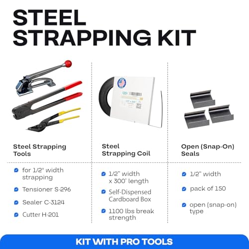 Image of IDL Packaging PRO 1 /2 inch x 300' Steel Strapping Kit, 1100 lbs Break Strength - Professional Grade Tools & Mini Strapping Coils - Enough Strapping and Seals for 150 Uses Before Refill