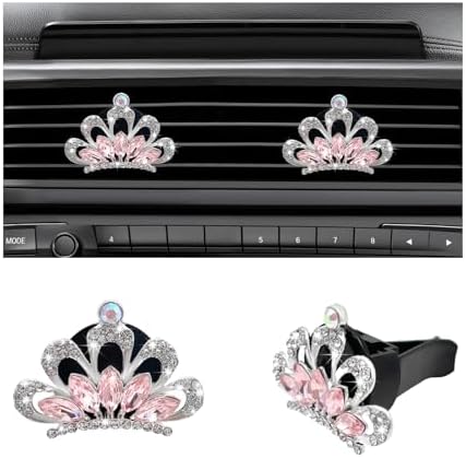 Augeny 2PCS Bling Car Air Vent Clips, Crystal Rhinestone Crown Air Freshener Outlet Diffuser Clip, Auto Air Conditioning Clip Charm for Women Girls, Interior Decor Car Accessories (Pink)